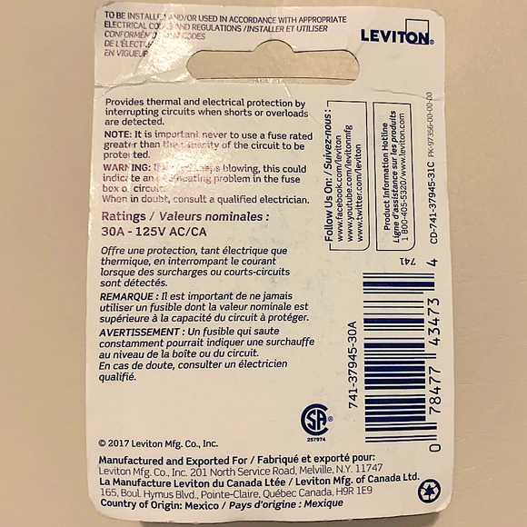 Leviton 37945 Electric Fuse 30A - 125V AC, 2 pack - Picture 2 of 3